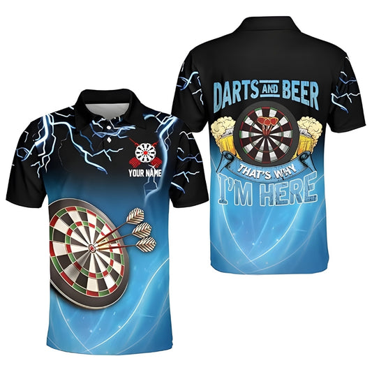 Darts And Beer That's Why I'm Here Custom Blue Darts Polo Shirt For Mens, Custom Funny Beer Darts Team Shirts DZ0014