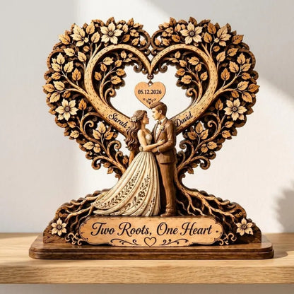 Two Roots One Heart Personalized Couple Tree Wedding Wooden Plaque, Custom Wedding Anniversary Wooden Block WD0798