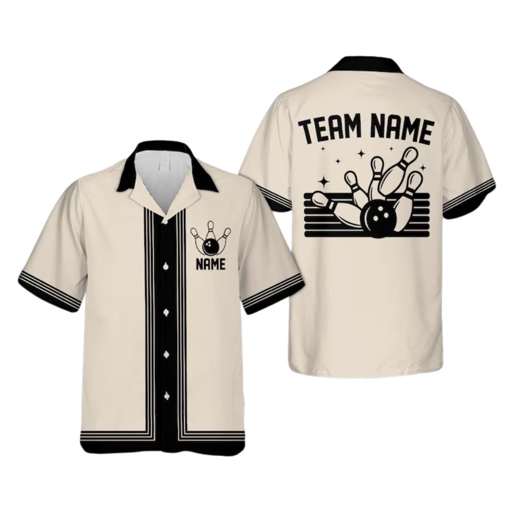 Custom Blue Beige Vintage Bowling Hawaiian Shirt Men, Custom Vintage Bowling Team Shirts BE0130
