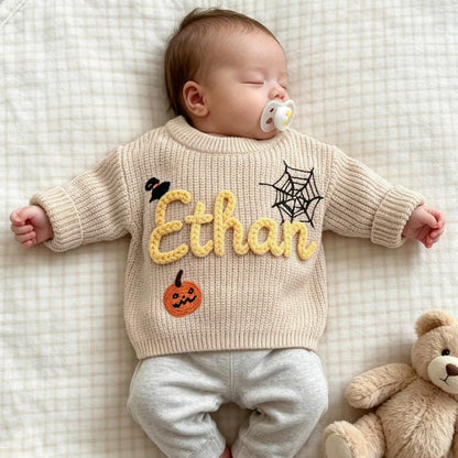 Custom Name Halloween Baby Embroidered Knit Sweater, Personalized Halloween Baby Sweatshirt BB0770