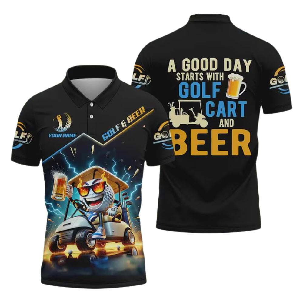 A Good Day Starts With Golf Cart And Beer Custom Golf Polo Shirt For Men, Custom Funny Beer Golf Shirts GE0299