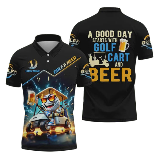 A Good Day Starts With Golf Cart And Beer Custom Golf Polo Shirt For Men, Custom Funny Beer Golf Shirts GE0299