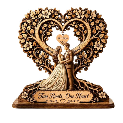 Two Roots One Heart Personalized Couple Tree Wedding Wooden Plaque, Custom Wedding Anniversary Wooden Block WD0798