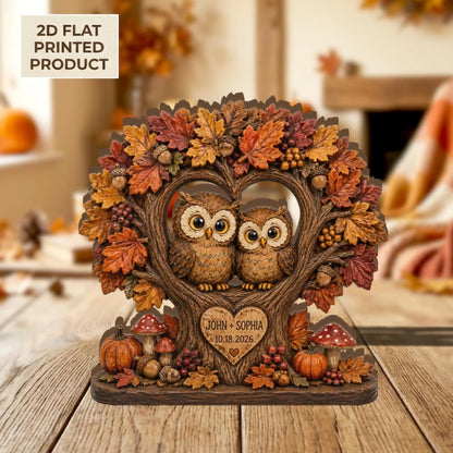Custom Owl Couple Fall Tree Layer Wooden Block, Personalized Fall Wedding Wooden Plaque WD0997