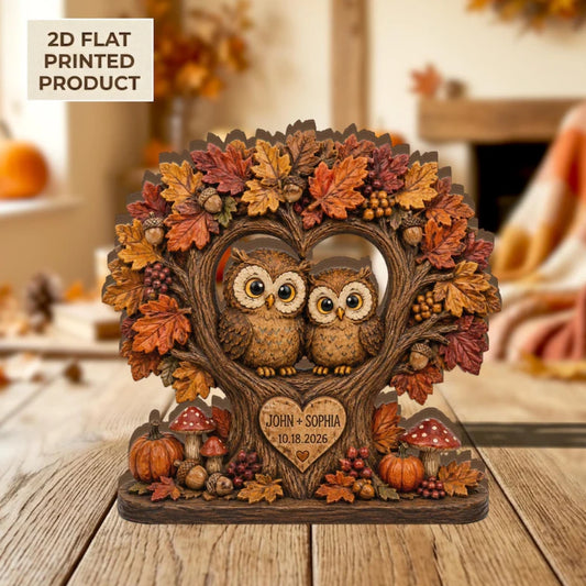 Custom Owl Couple Fall Tree Layer Wooden Block, Personalized Fall Wedding Wooden Plaque WD0997