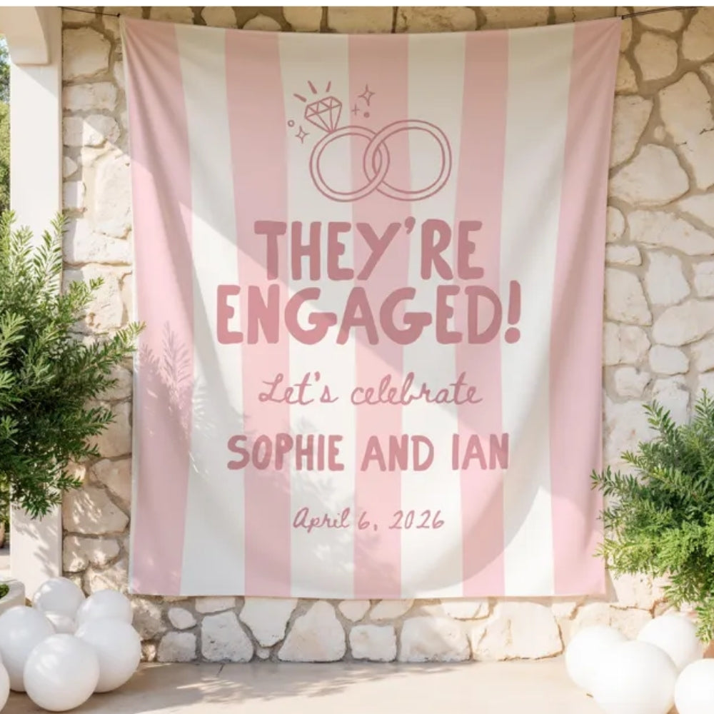 Personalized They're Engaged Blue Striped Banner, Custom Engagement Banner WD0413