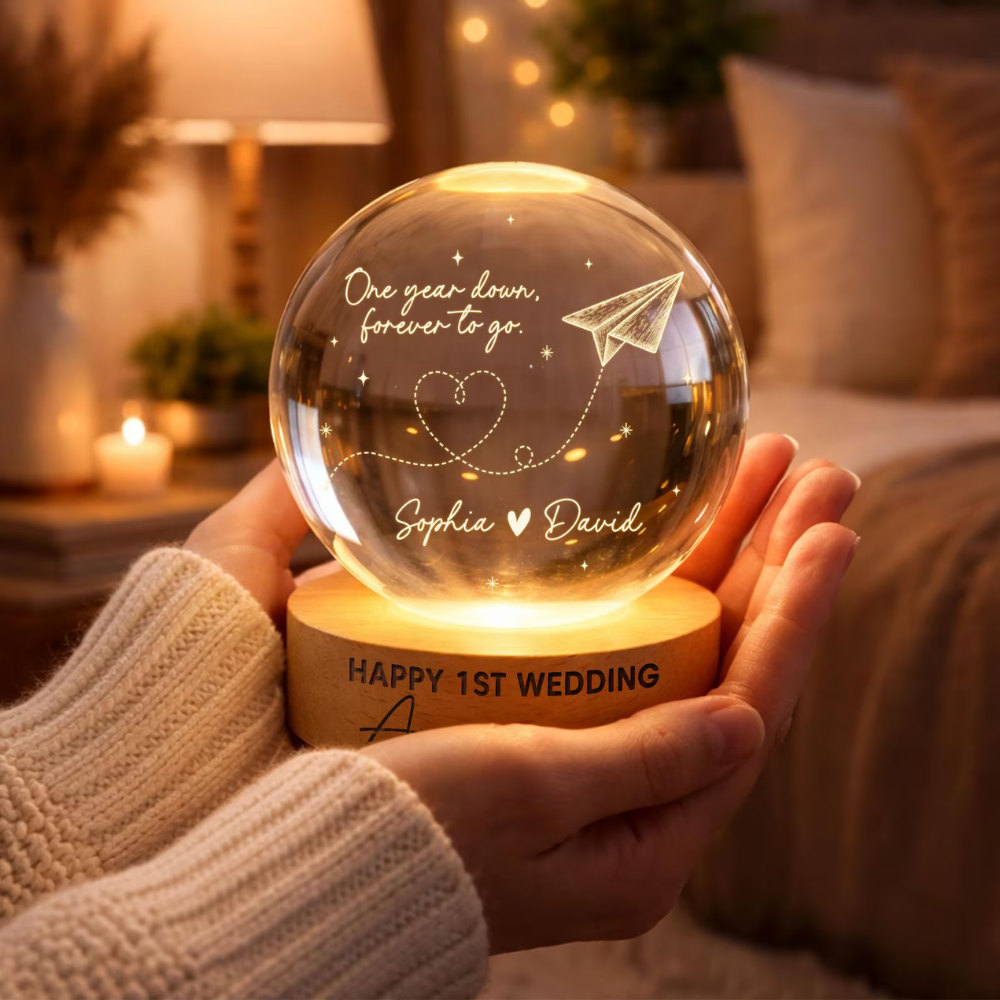 One Year Down Forever To Go Custom Paper Wedding Crystal Ball Led Night Light, Custom 1 Year Anniversary Night Light For Couple WD0919