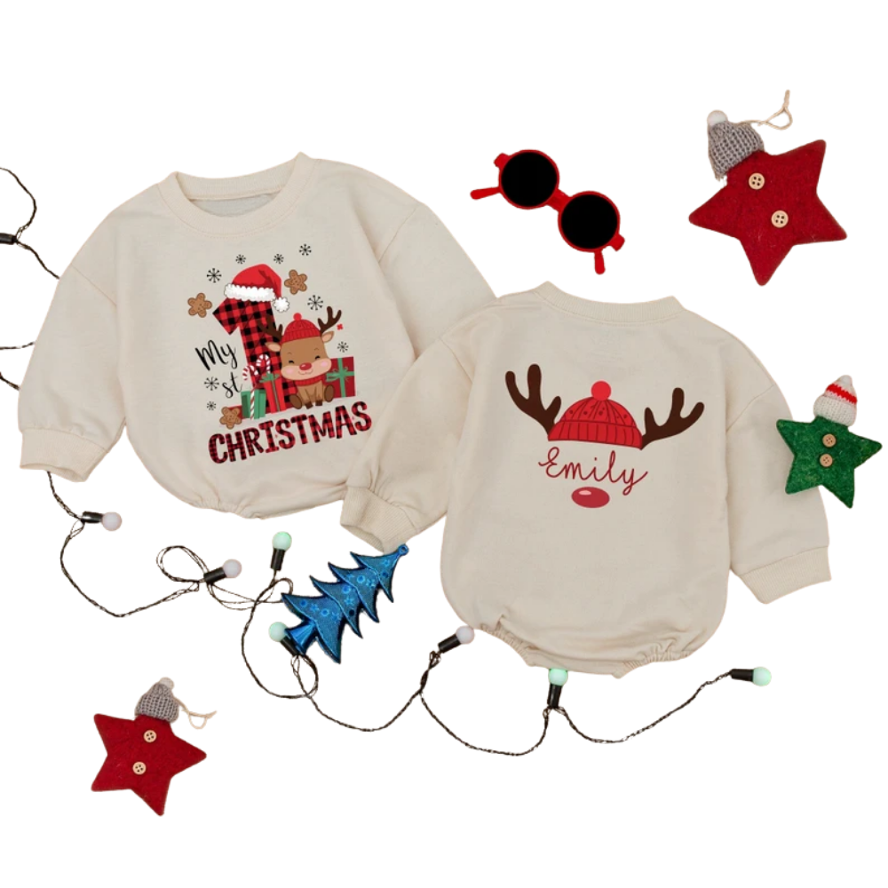 Personalized My 1st Christmas Baby Romper Sweater, Custom Name Baby First Christmas Romper Sweatshirt BB0248