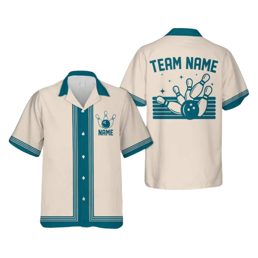 Custom Blue Beige Vintage Bowling Hawaiian Shirt Men, Custom Vintage Bowling Team Shirts BE0130