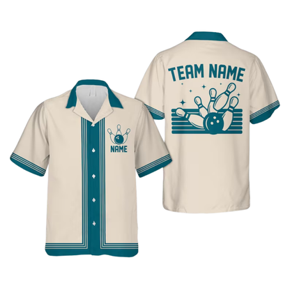 Custom Blue Beige Vintage Bowling Hawaiian Shirt Men, Custom Vintage Bowling Team Shirts BE0130