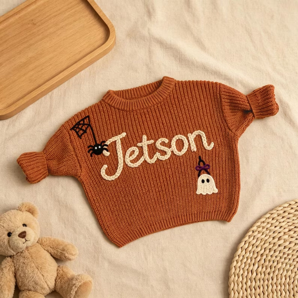 Custom Name Halloween Baby Embroidered Knit Sweater, Personalized Halloween Baby Sweatshirt BB0770