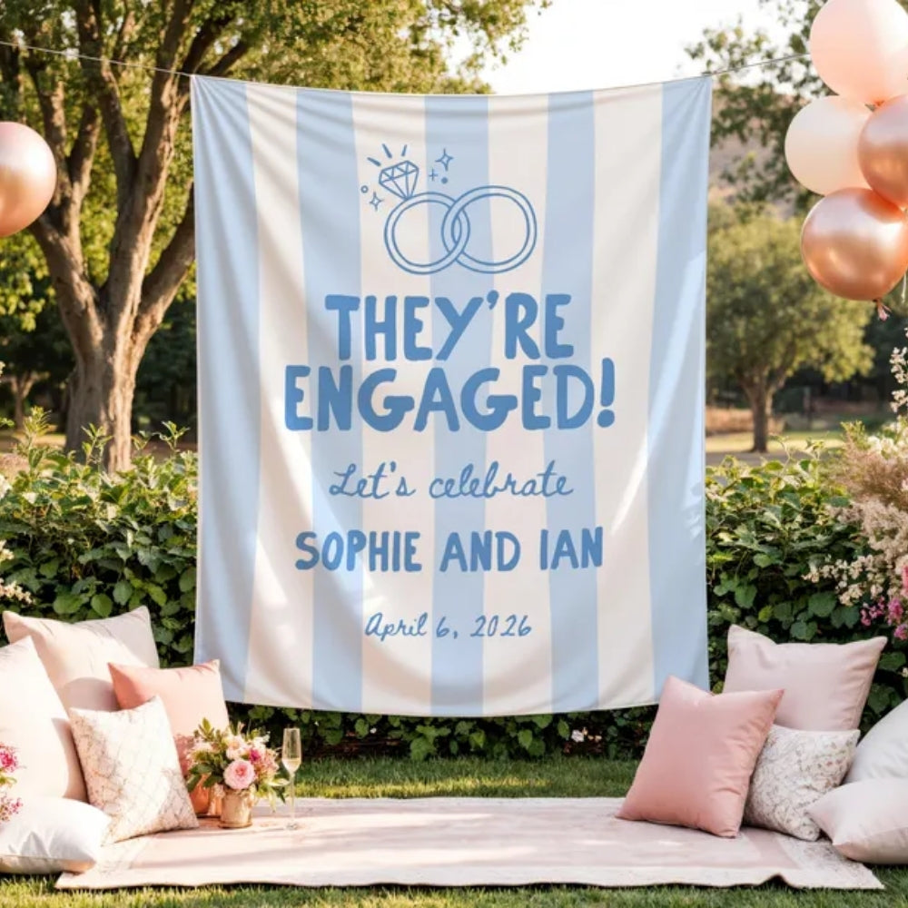 Personalized They're Engaged Blue Striped Banner, Custom Engagement Banner WD0413