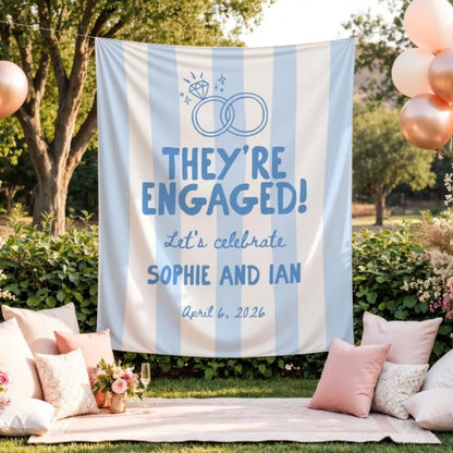 Personalized They're Engaged Blue Striped Banner, Custom Engagement Banner WD0413