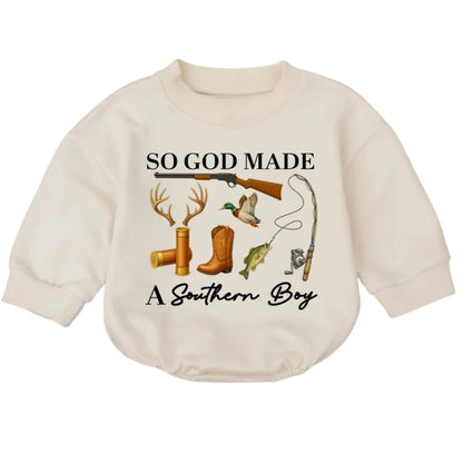 So God Made A Southern Boy Baby Romper Sweatshirt, Hunting Lover Romper Sweatshirt For Baby BB0687