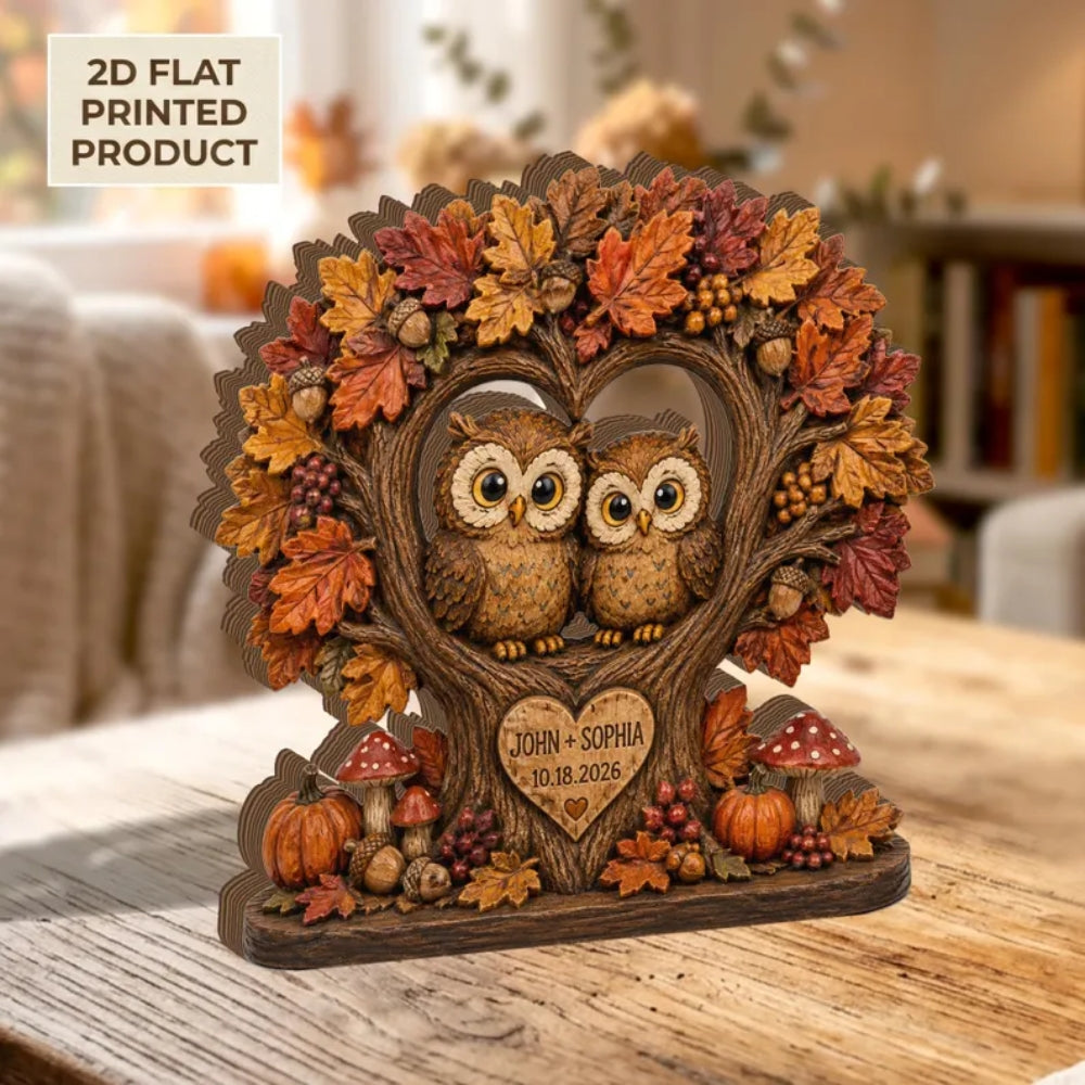Custom Owl Couple Fall Tree Layer Wooden Block, Personalized Fall Wedding Wooden Plaque WD0997