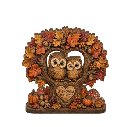 Custom Owl Couple Fall Tree Layer Wooden Block, Personalized Fall Wedding Wooden Plaque WD0997