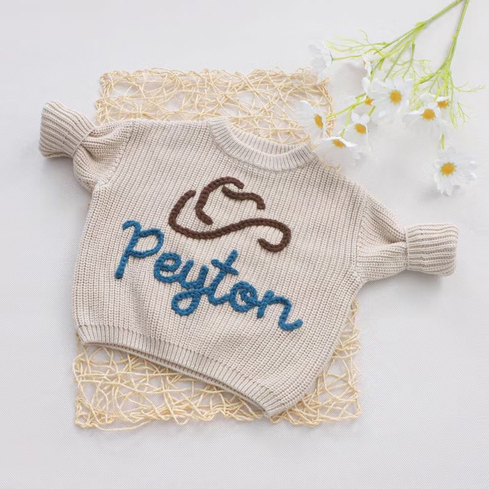 Custom Cowboy Hat Baby Embroidered Knit Sweater, Custom Western Baby Sweatshirt BB0772