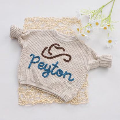 Custom Cowboy Hat Baby Embroidered Knit Sweater, Custom Western Baby Sweatshirt BB0772