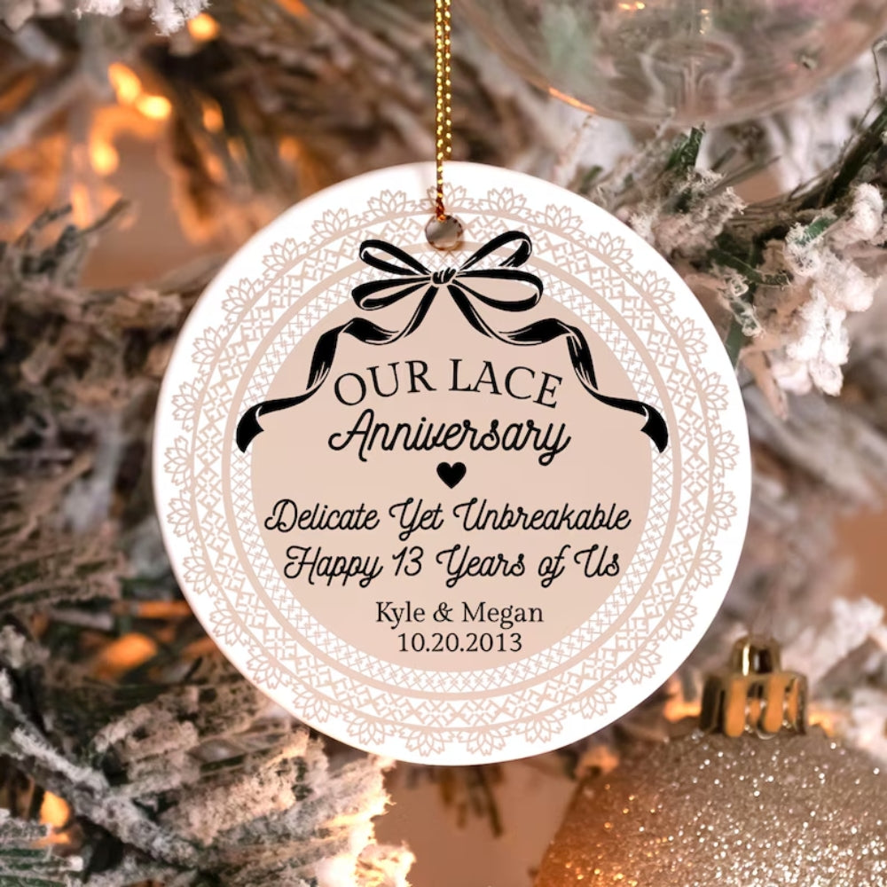 Our Lace Anniversary Personalized 13 Years Wedding Ceramic Ornament, Custom 13th Anniversary Ornament WD0303