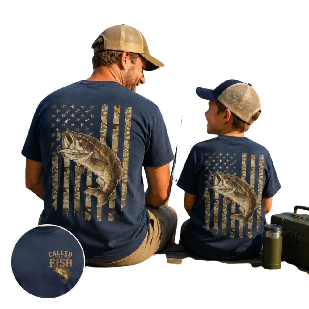 Call To Fish Matching American Flag Largemouth Bass Fishing Dad And Son T Shirts, Fishing Matching Father Son Shirts ET0802