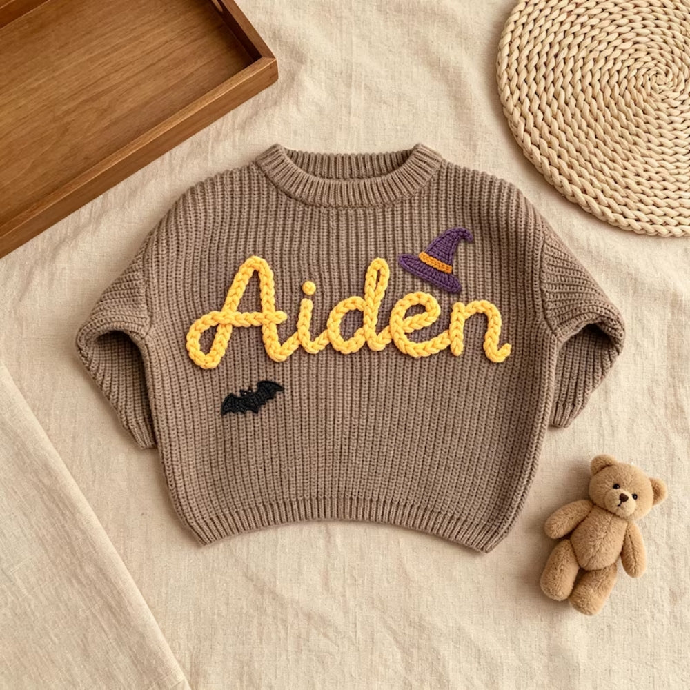 Custom Name Halloween Baby Embroidered Knit Sweater, Personalized Halloween Baby Sweatshirt BB0770