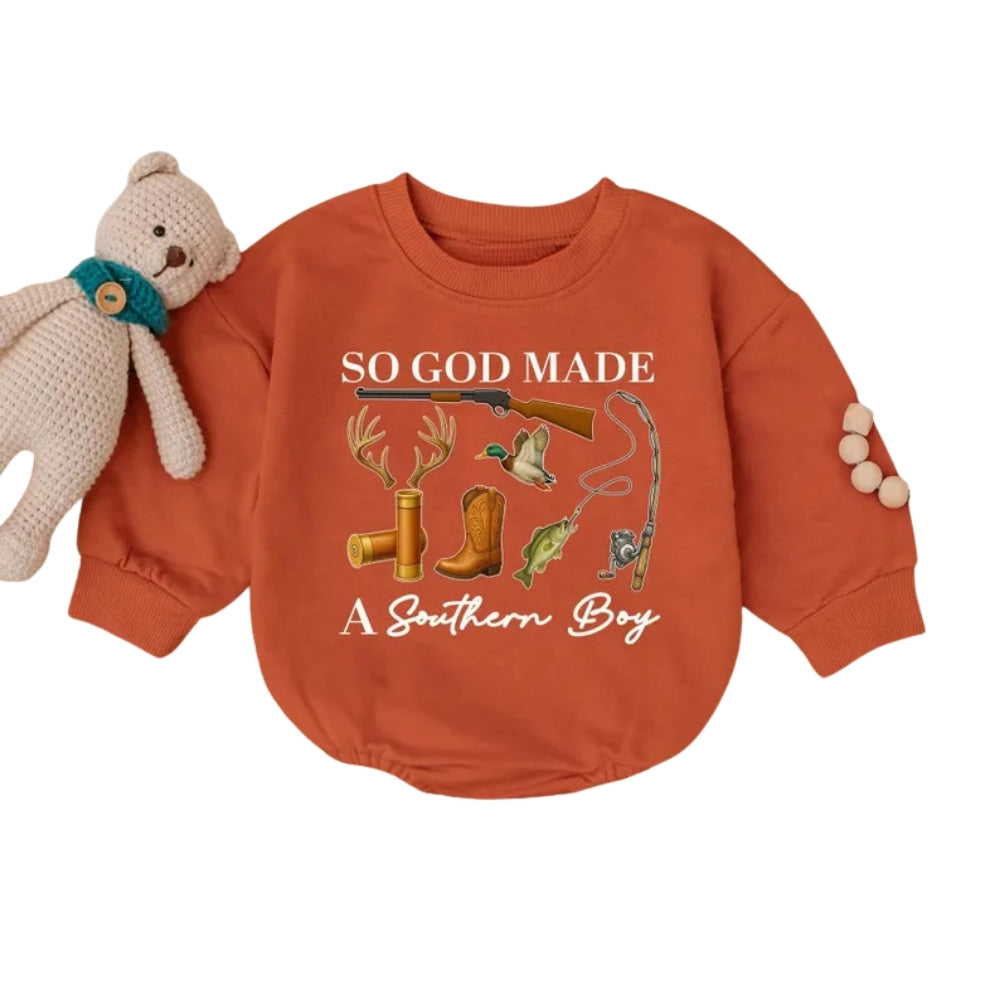 So God Made A Southern Boy Baby Romper Sweatshirt, Hunting Lover Romper Sweatshirt For Baby BB0687