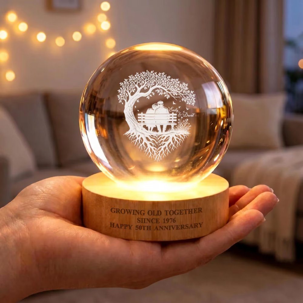 Growing Old Together Custom 50th Wedding Anniversary Crystal Ball Led Night Light, Personalized Golden Wedding Keepsake Night Light WD0920