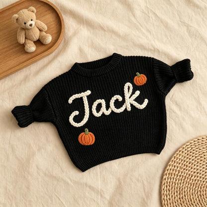 Custom Name Halloween Baby Embroidered Knit Sweater, Personalized Halloween Baby Sweatshirt BB0770