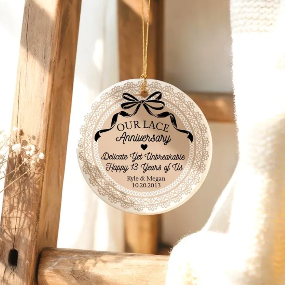 Our Lace Anniversary Personalized 13 Years Wedding Ceramic Ornament, Custom 13th Anniversary Ornament WD0303