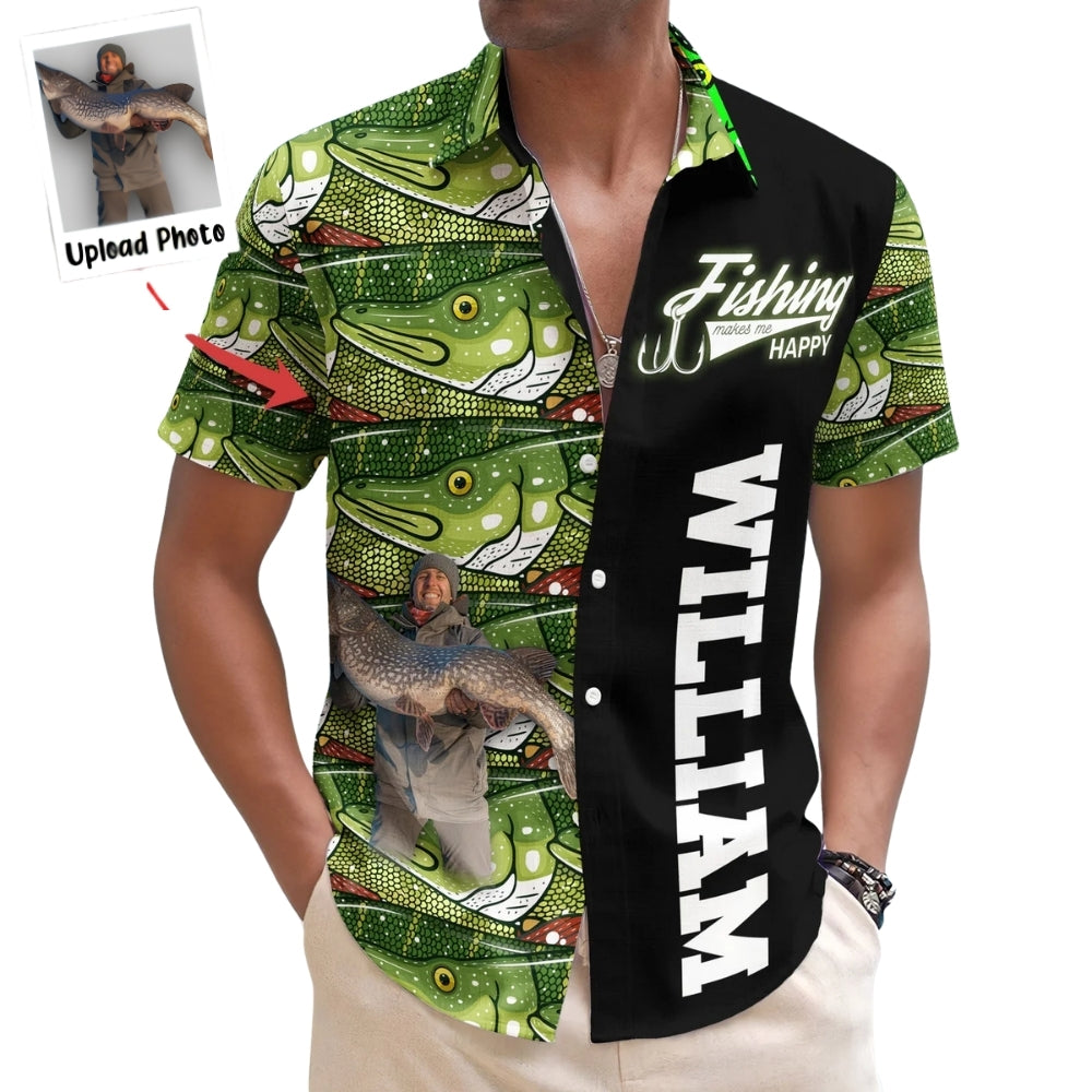 Custom Photo Fishing Makes Me Happy Hawaiian Shirt For Men, Custom Fishing Lover Hawaiian Shirt With Picture HE0603