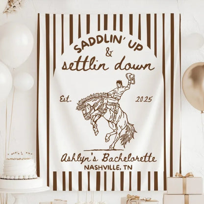 Saddlin' Up and Settling Down Personalized Western Bachelorette Banner, Custom Country Bachelorette Party Sign WD0532