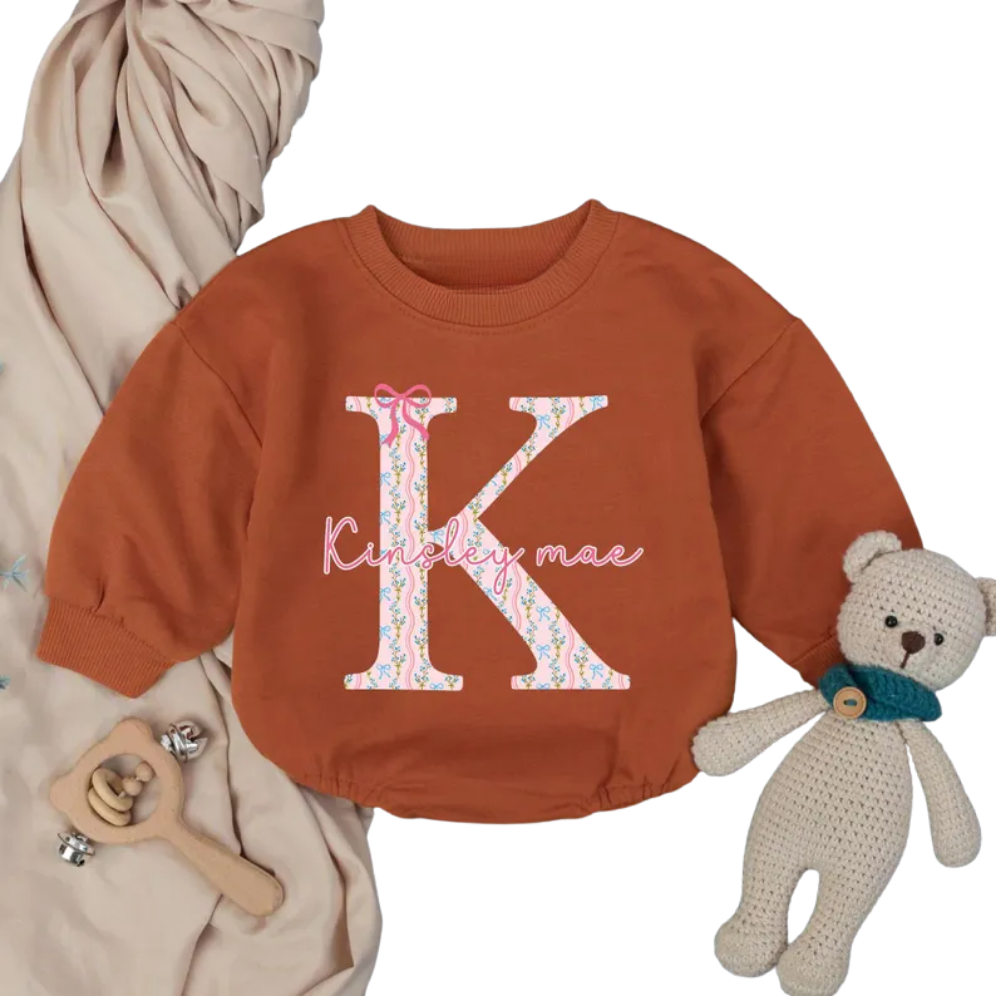 Custom Baby Initial Name Floral Romper Sweater, Custom Baby Romper Sweatshirt With Name BB0256