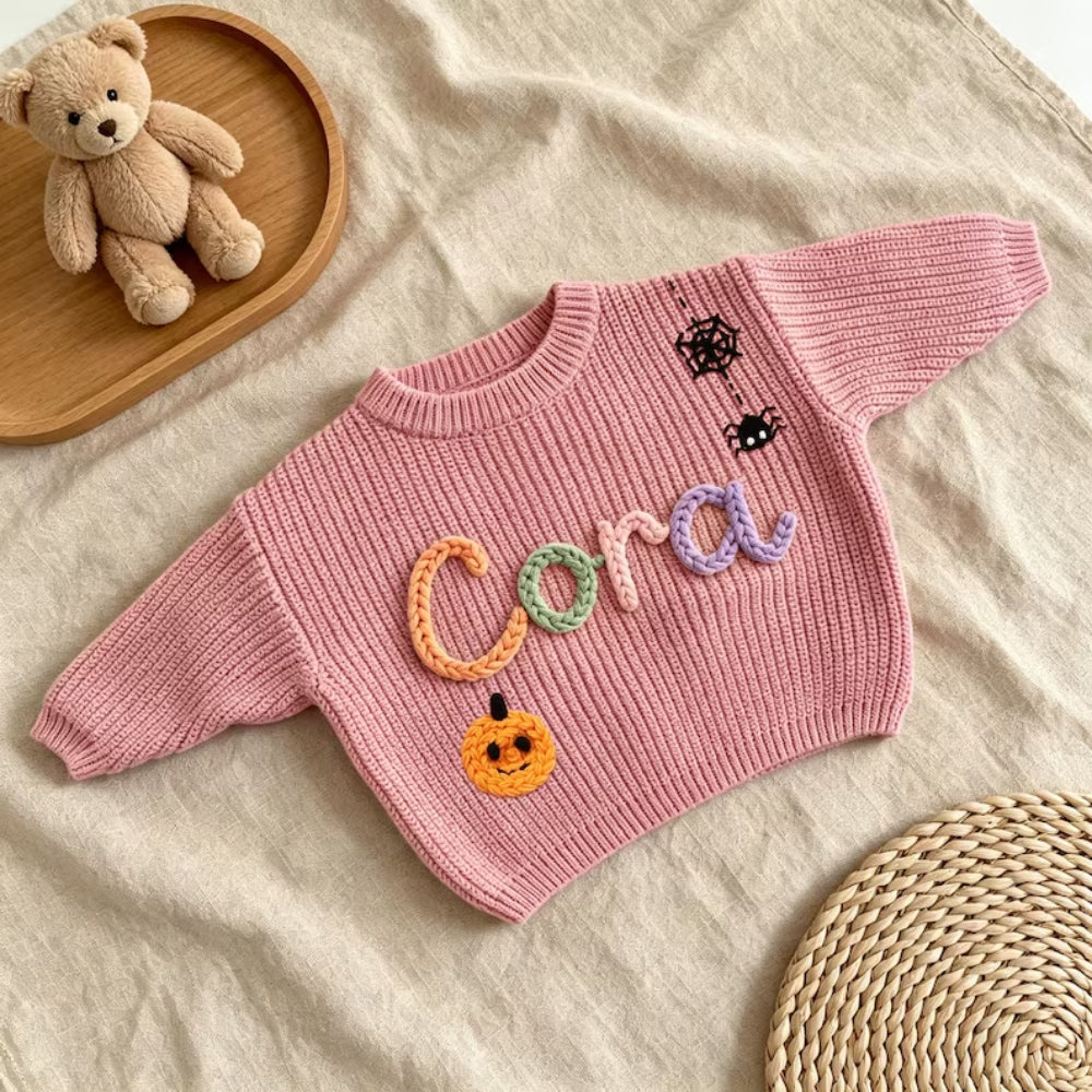 Custom Name Halloween Baby Embroidered Knit Sweater, Personalized Halloween Baby Sweatshirt BB0770