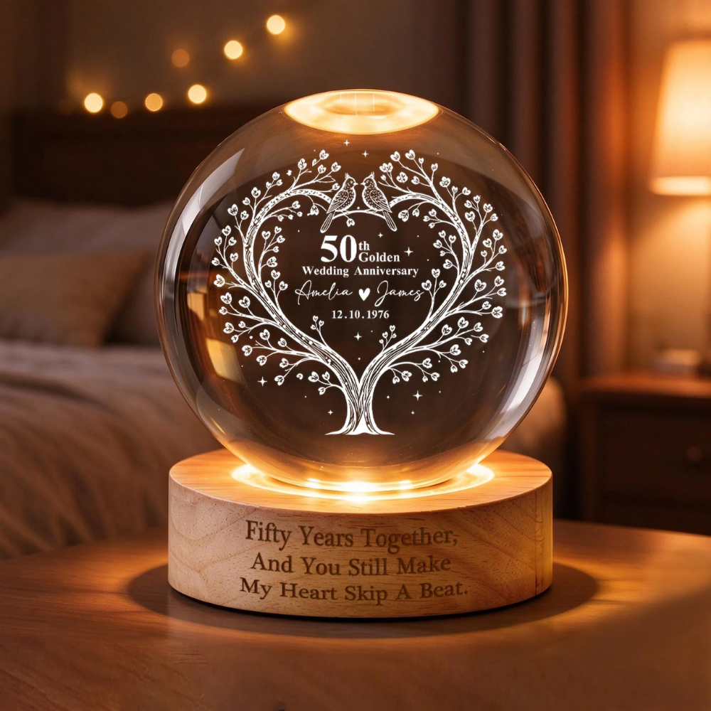 Fifty Years Together Custom Tree Heart Crystal Ball Led Night Light, Custom Golden Wedding Night Light WD0921