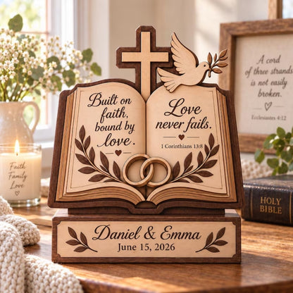 Built On Faith Bound By Love Custom Christian Bible Verse Wedding Wooden Plaque, Custom Faith Wedding Wooden Block WD0801