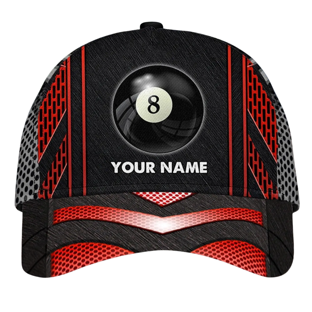 Custom 8 Ball Billiard Baseball 3D Printed Cap, Black And Red Custom Name Billiard Hat CP0487
