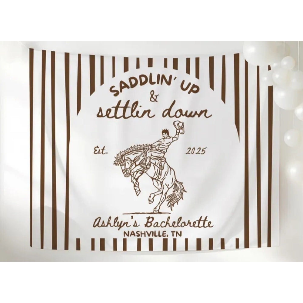 Saddlin' Up and Settling Down Personalized Western Bachelorette Banner, Custom Country Bachelorette Party Sign WD0532