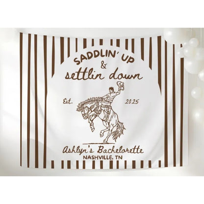 Saddlin' Up and Settling Down Personalized Western Bachelorette Banner, Custom Country Bachelorette Party Sign WD0532