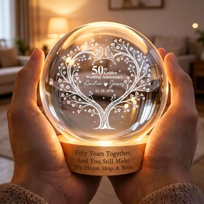 Fifty Years Together Custom Tree Heart Crystal Ball Led Night Light, Custom Golden Wedding Night Light WD0921