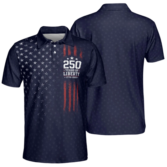 Men's 250 Years Of Liberty 1776-2026 Navy USA Flag Golf Polo Shirt, 4th Of July Golf Shirts GE0538