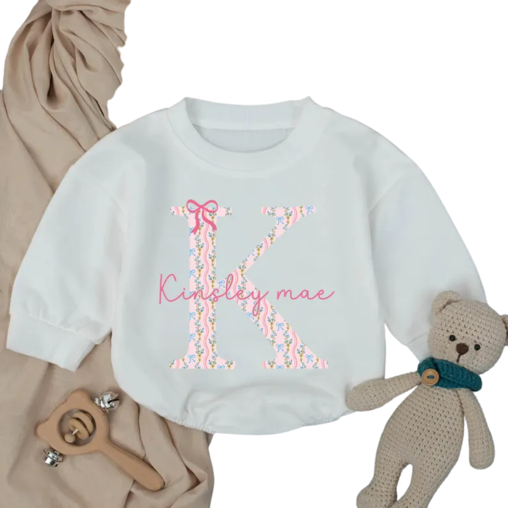 Custom Baby Initial Name Floral Romper Sweater, Custom Baby Romper Sweatshirt With Name BB0256