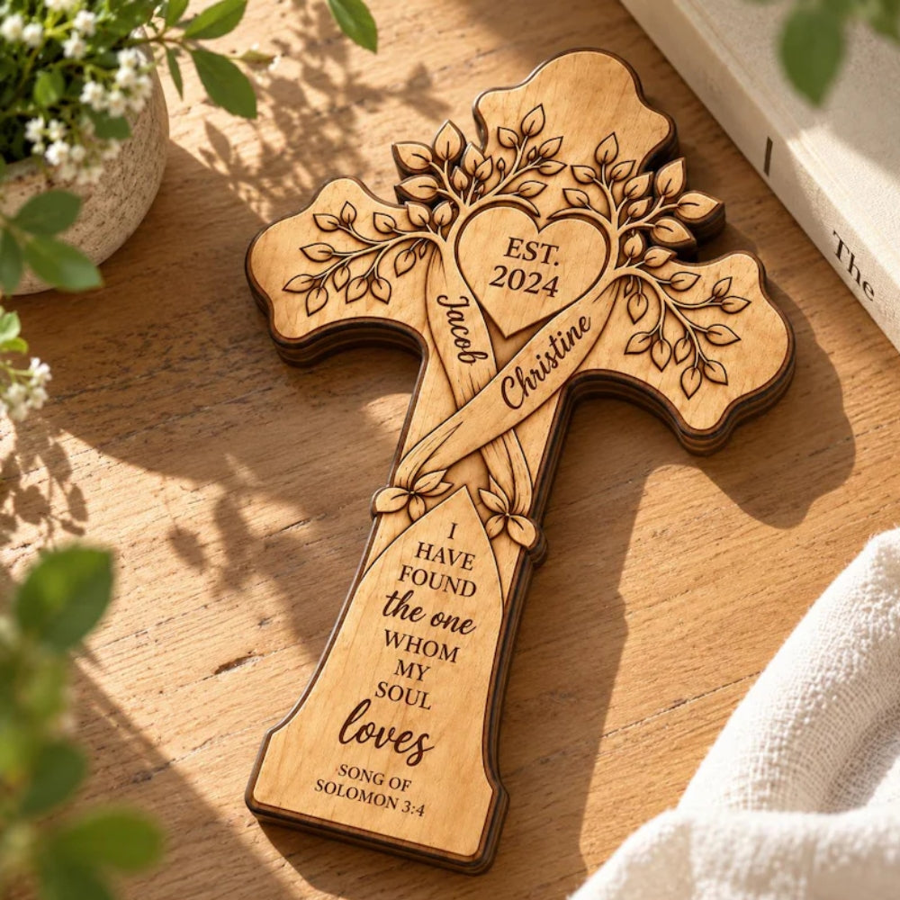 I Have Found The One Whom My Soul Loves Personalized Couple Name And Year Layer Wooden Plaque, Custom Christian Wedding Keepsake Wooden Block WD0999
