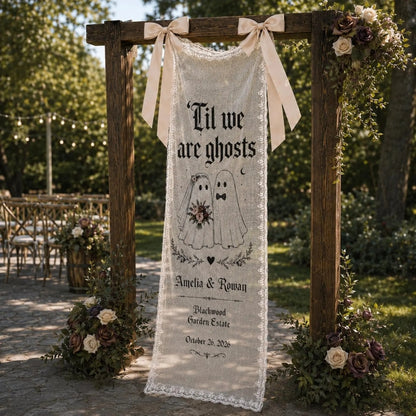 Til We The Ghosts Custom Halloween Wedding Lace Welcome Banner, Custom Wedding Halloween Welcome Sign WD0390