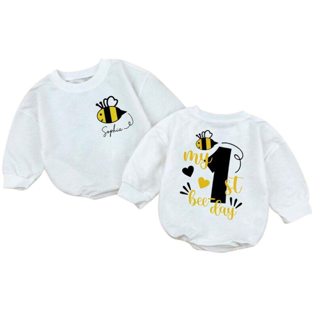 Custom My 1st Bee Day Baby Romper Sweatshirt, Custom Bee First Birthday Romper Sweatshirt For Baby BB0550