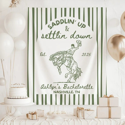 Saddlin' Up and Settling Down Personalized Western Bachelorette Banner, Custom Country Bachelorette Party Sign WD0532