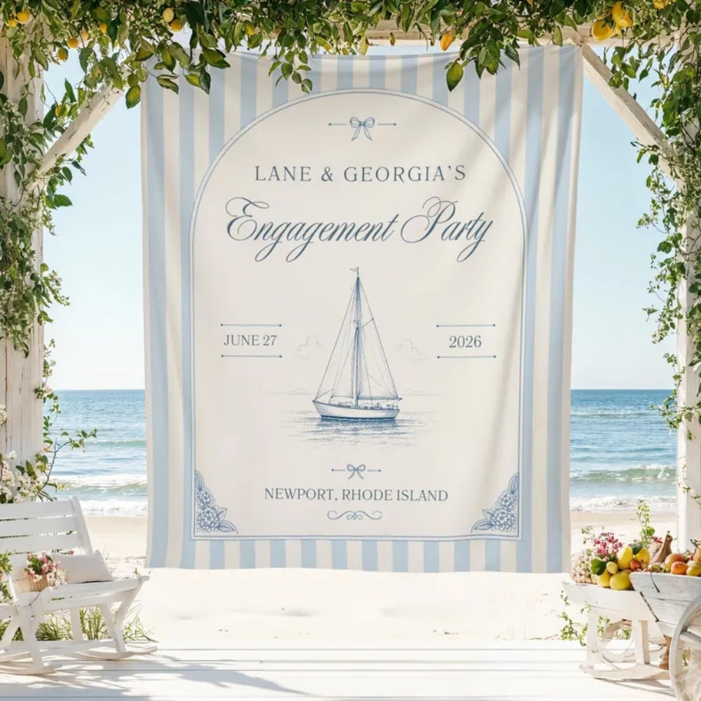 Personalized Engagement Beach Party Banner Blue Stripe, Custom Beach Engagement Banner WD0415
