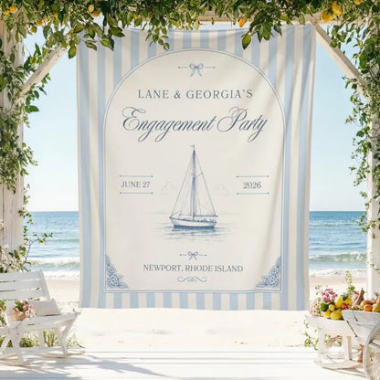Personalized Engagement Beach Party Banner Blue Stripe, Custom Beach Engagement Banner WD0415