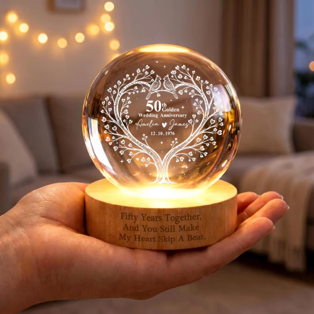 Fifty Years Together Custom Tree Heart Crystal Ball Led Night Light, Custom Golden Wedding Night Light WD0921