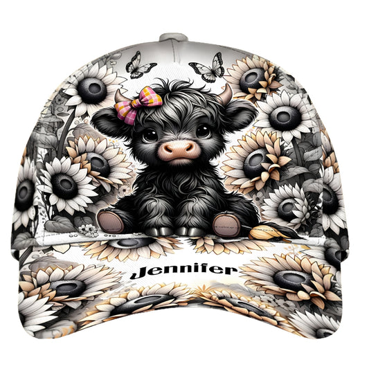 Custom Highland Cow Sunflower Baseball Cap 3D Printed, Custom Highland Cow Cap Hat CP0484