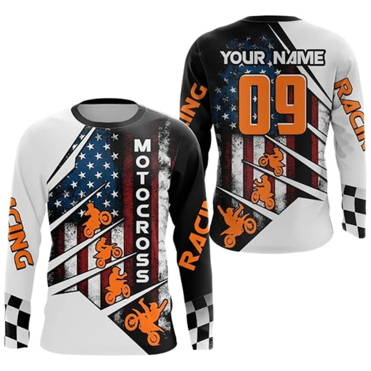 Custom American Flag Motocross Long Sleeve Jersey Mens, Custom Patriotic Racing Dirt Bike Shirts MZ0079
